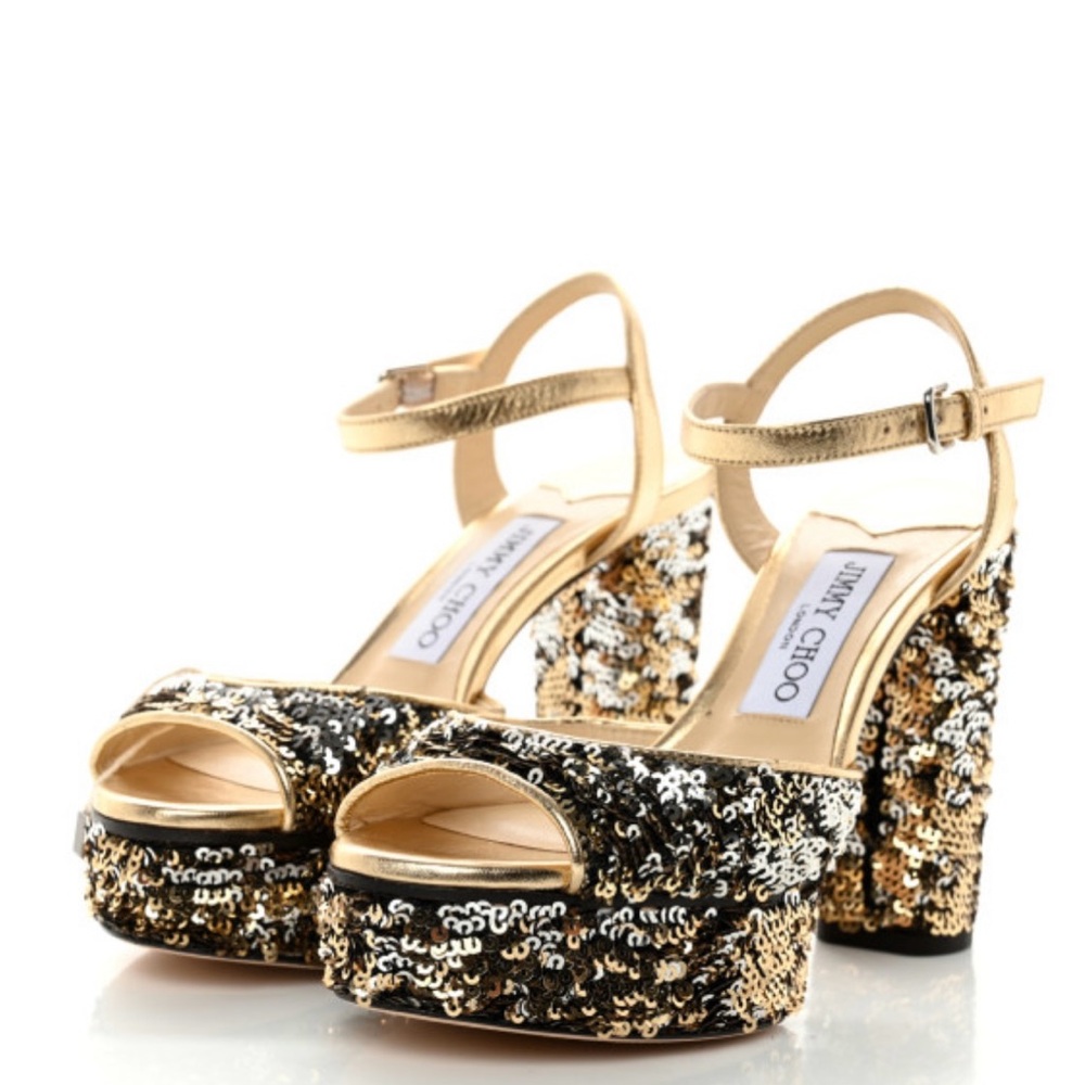 Jimmy Choo Gold Glitter sequin Heels 
Platform Pumps Sz 39.5 - Picture 2 of 16